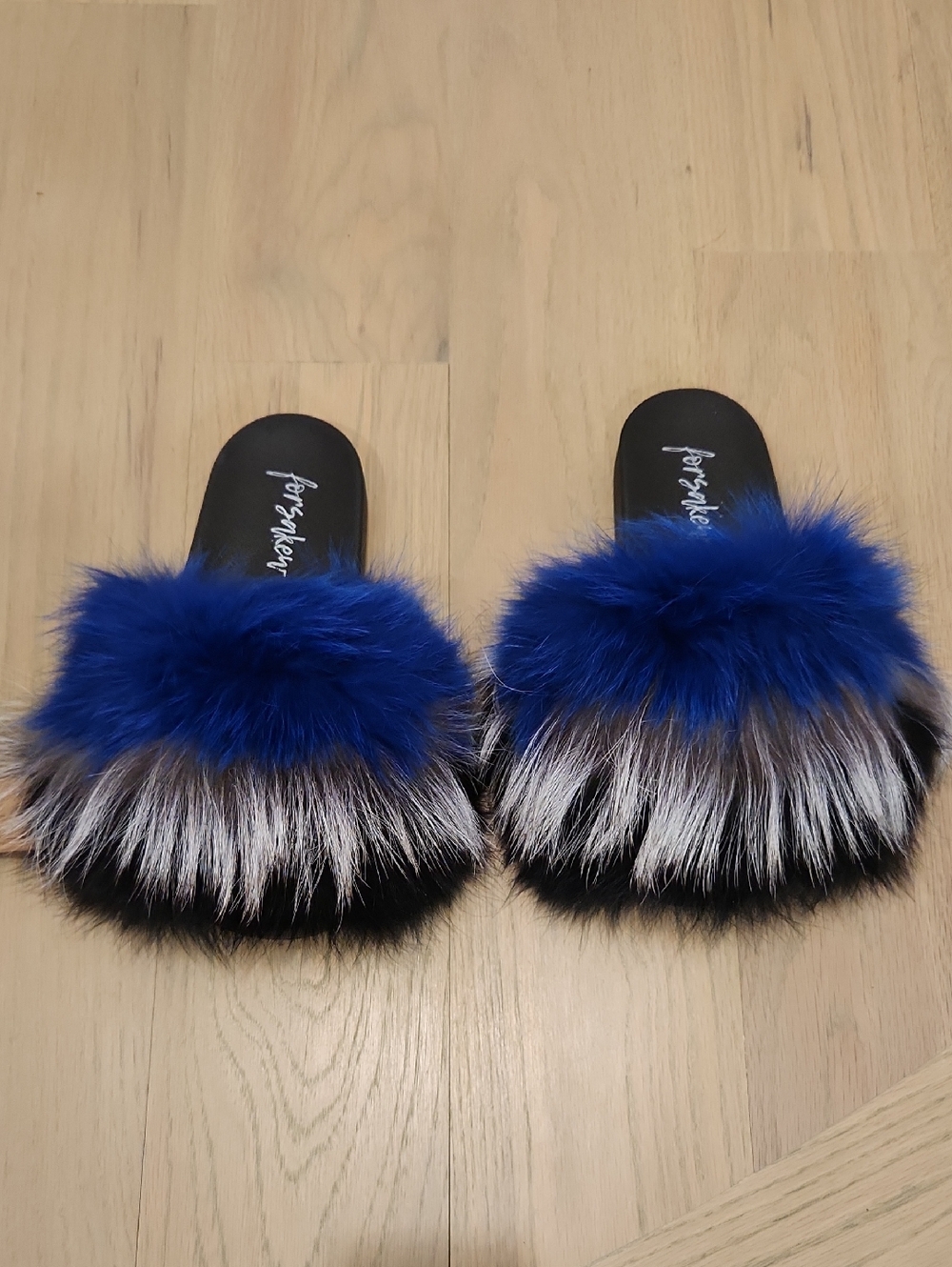 NWT Real Fox Fur and Raccoon Fur Slide Slippers - Royal Blue & Black